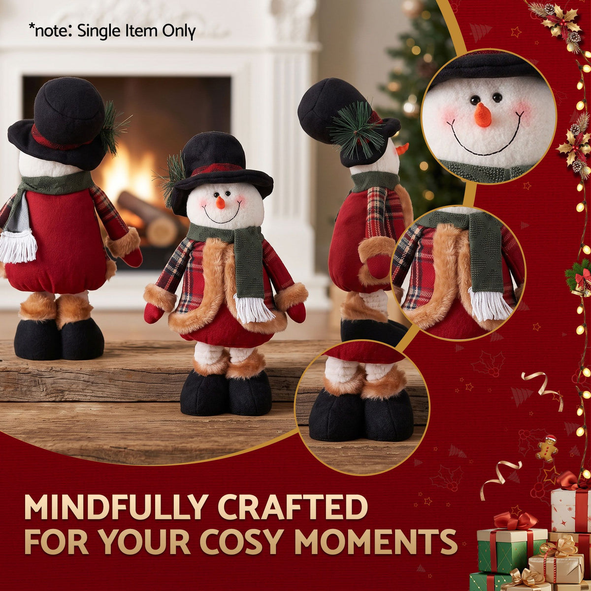 Plush snowman decoration in black hat, red dress, and green plaid scarf, with hanging look