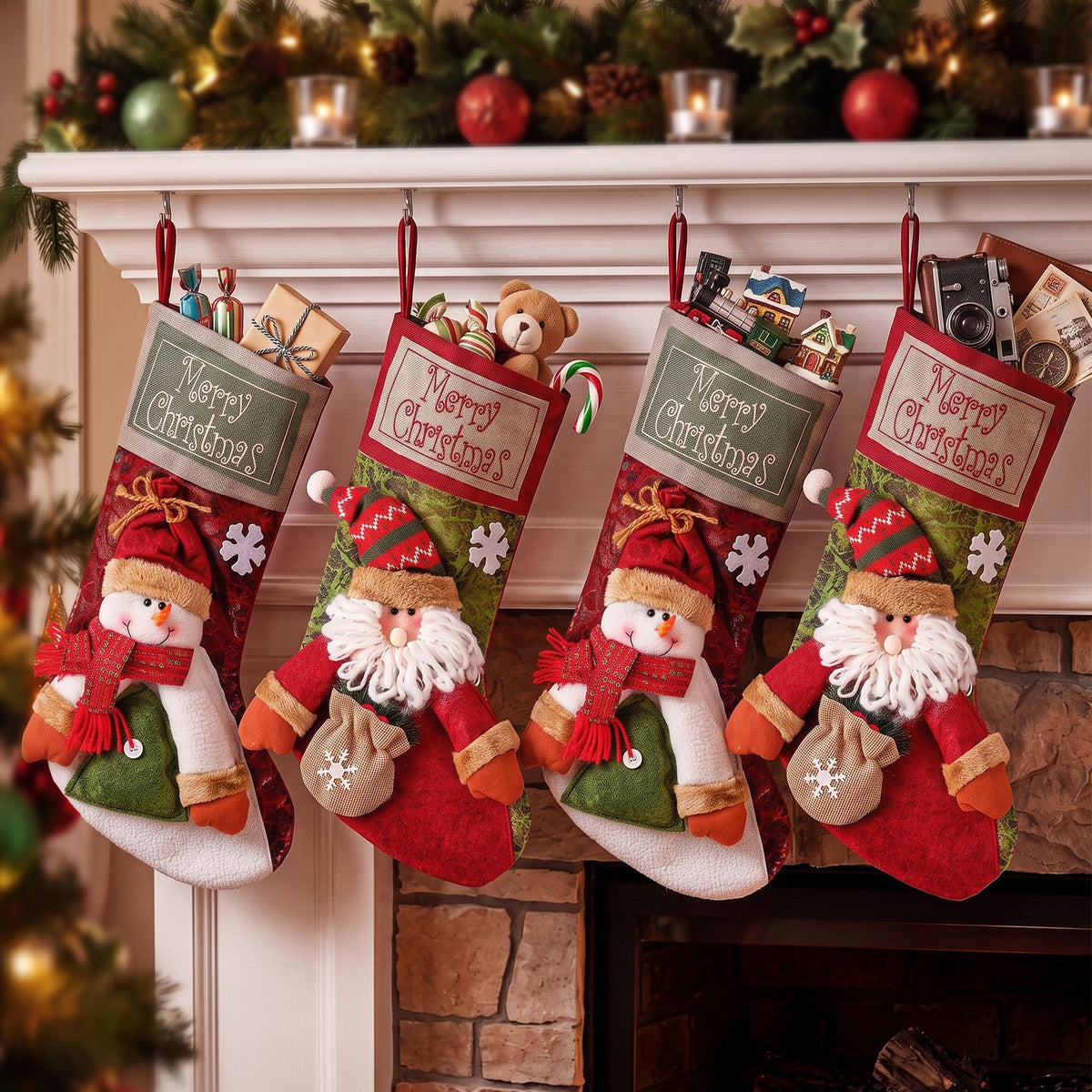 Set of four plush Christmas stockings with Santa and snowman faces, hanging on a mantle
