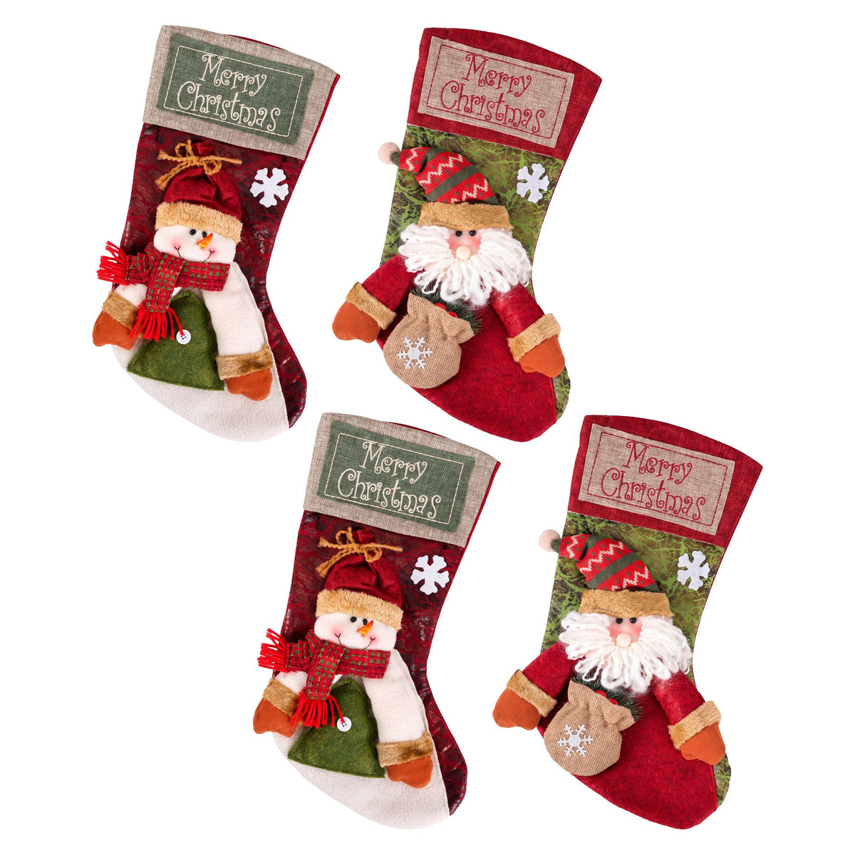 Set of four plush holiday stockings with Santa, snowman, and patterned hanging cuffs