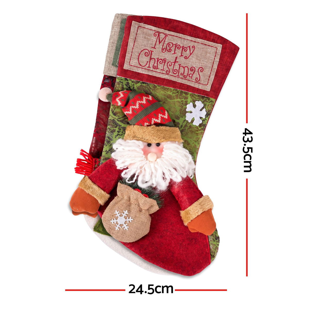 Plush Christmas stocking with Santa doll face and mittens, 43.5 cm tall