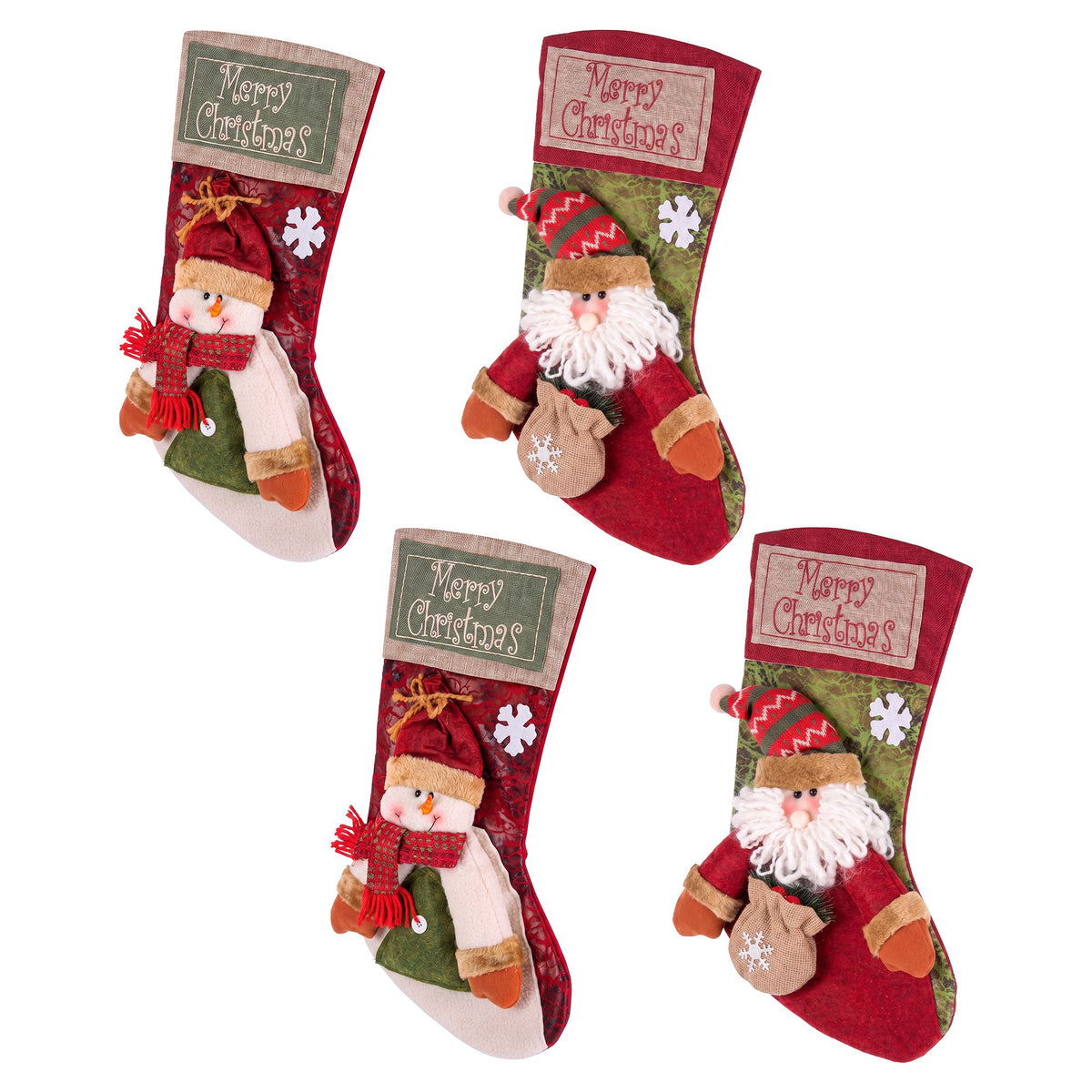 Set of four plush Christmas stockings with Santa and snowman designs, hanging side by side