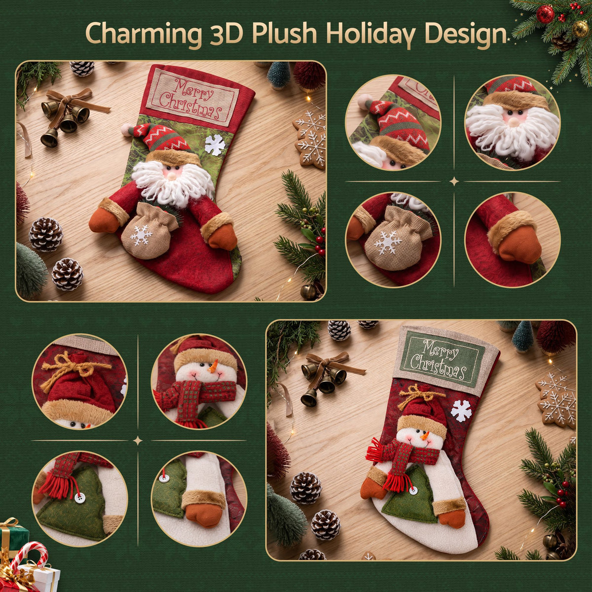 Four-piece plush Christmas stocking set with Santa and snowman, shown with close-up details