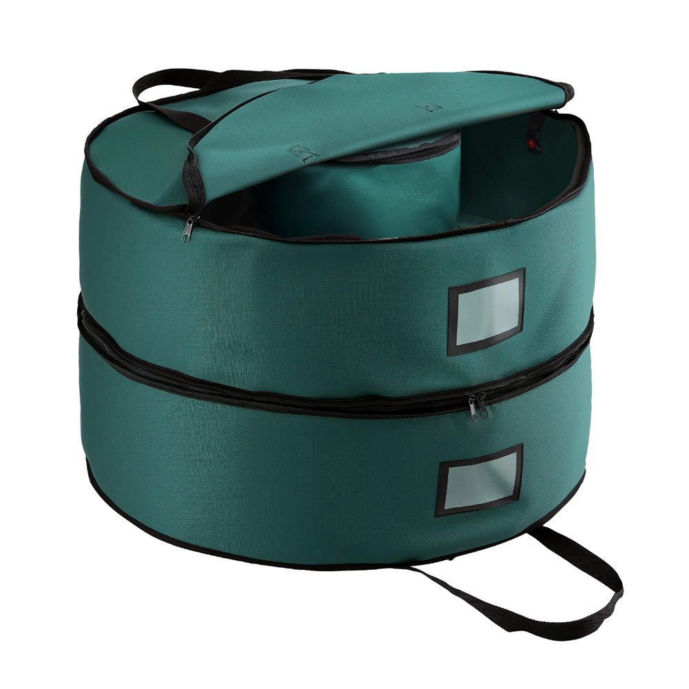 Teal round 2-tier wreath and garland storage bag with zipper and black carry straps