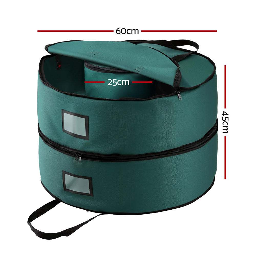 Teal round 2-tier storage bag, shown with measurements, black zipper and carry straps