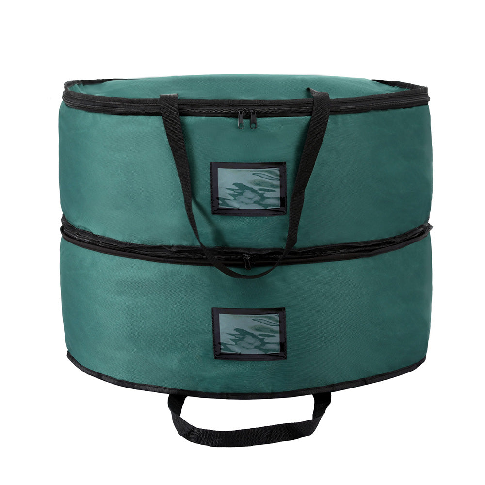 Teal round 2-tier storage bag with top handles, black trim, and two side pocket windows