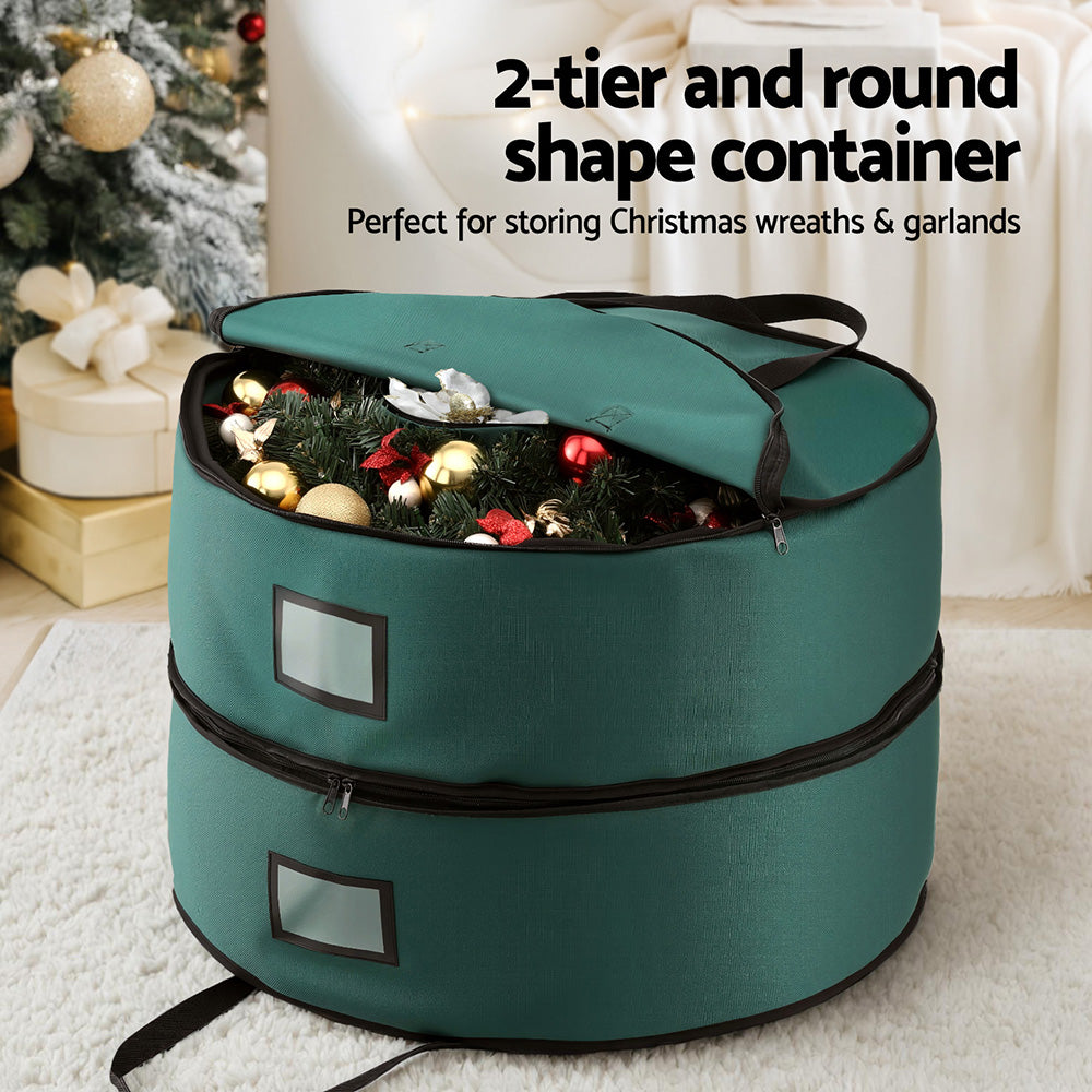 Teal round 2-tier wreath storage container with zipper lid and two front pocket windows