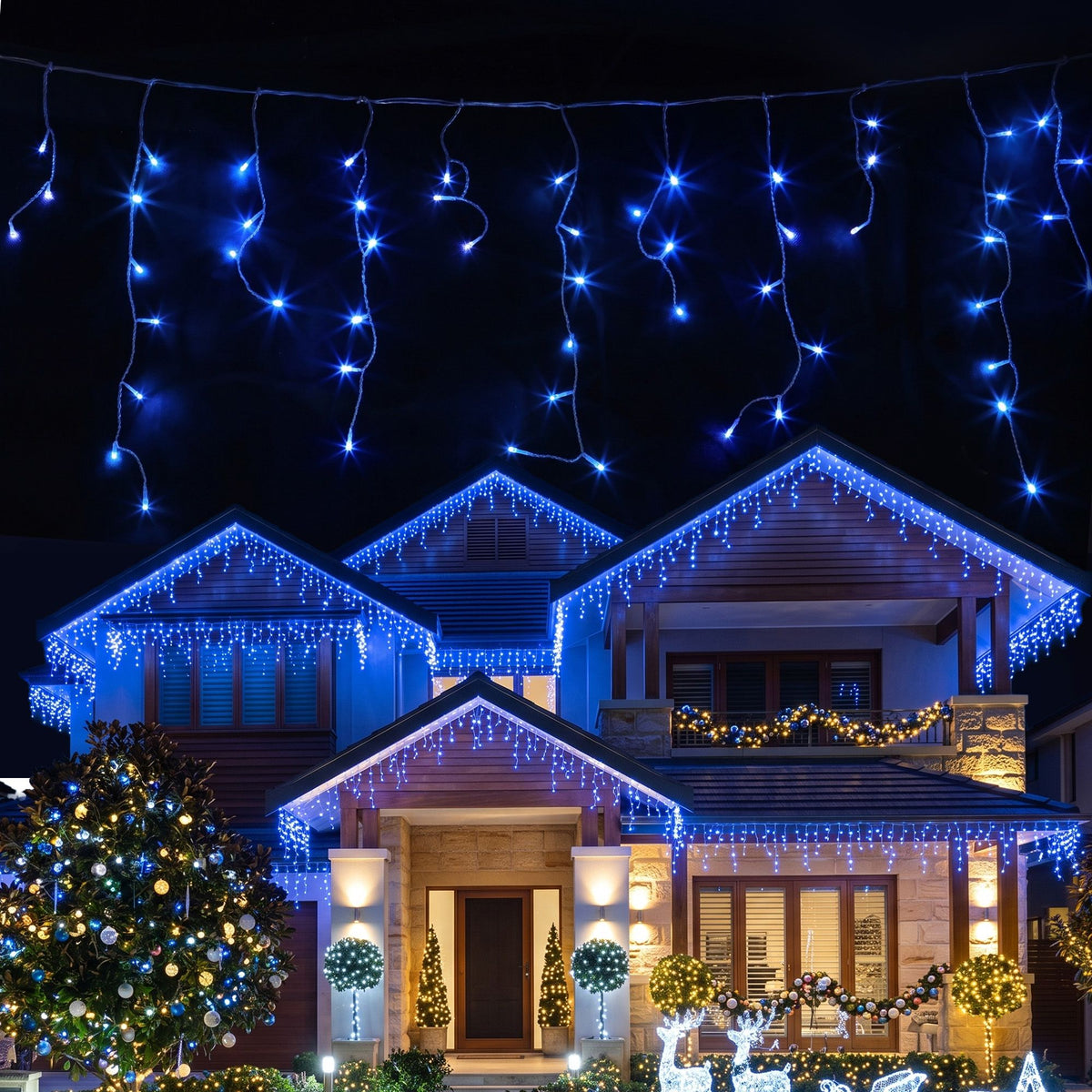 Blue LED solar icicle string lights with hanging strands for outdoor holiday decor