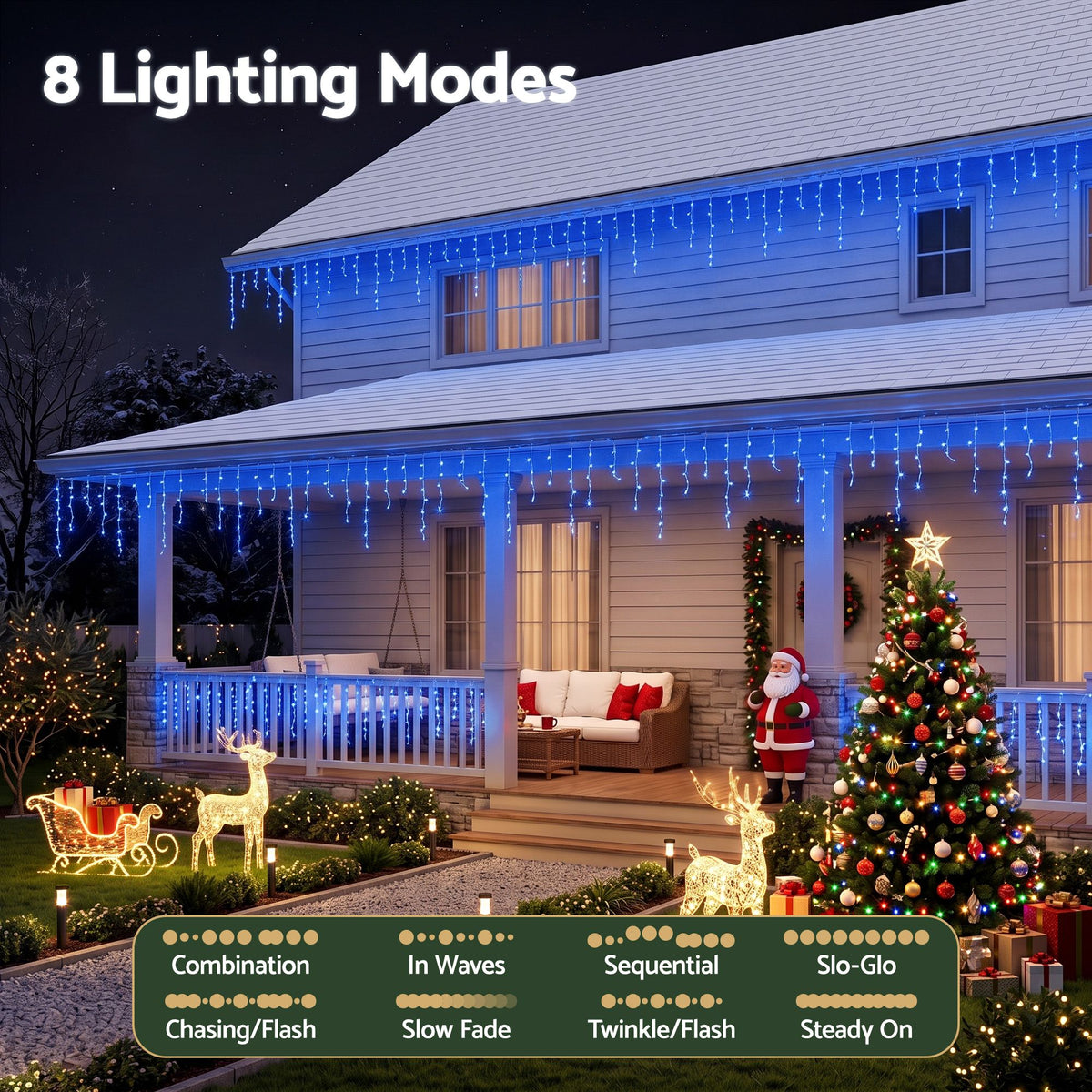 Blue LED icicle string lights draped under a porch roof and across railings