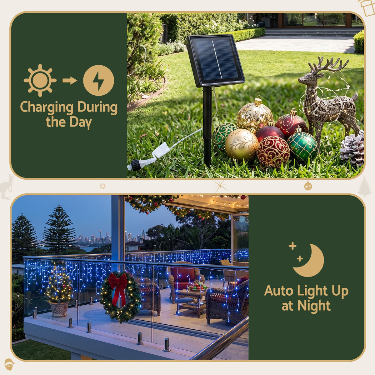 Solar-powered charging set for blue LED icicle string lights with a ground panel