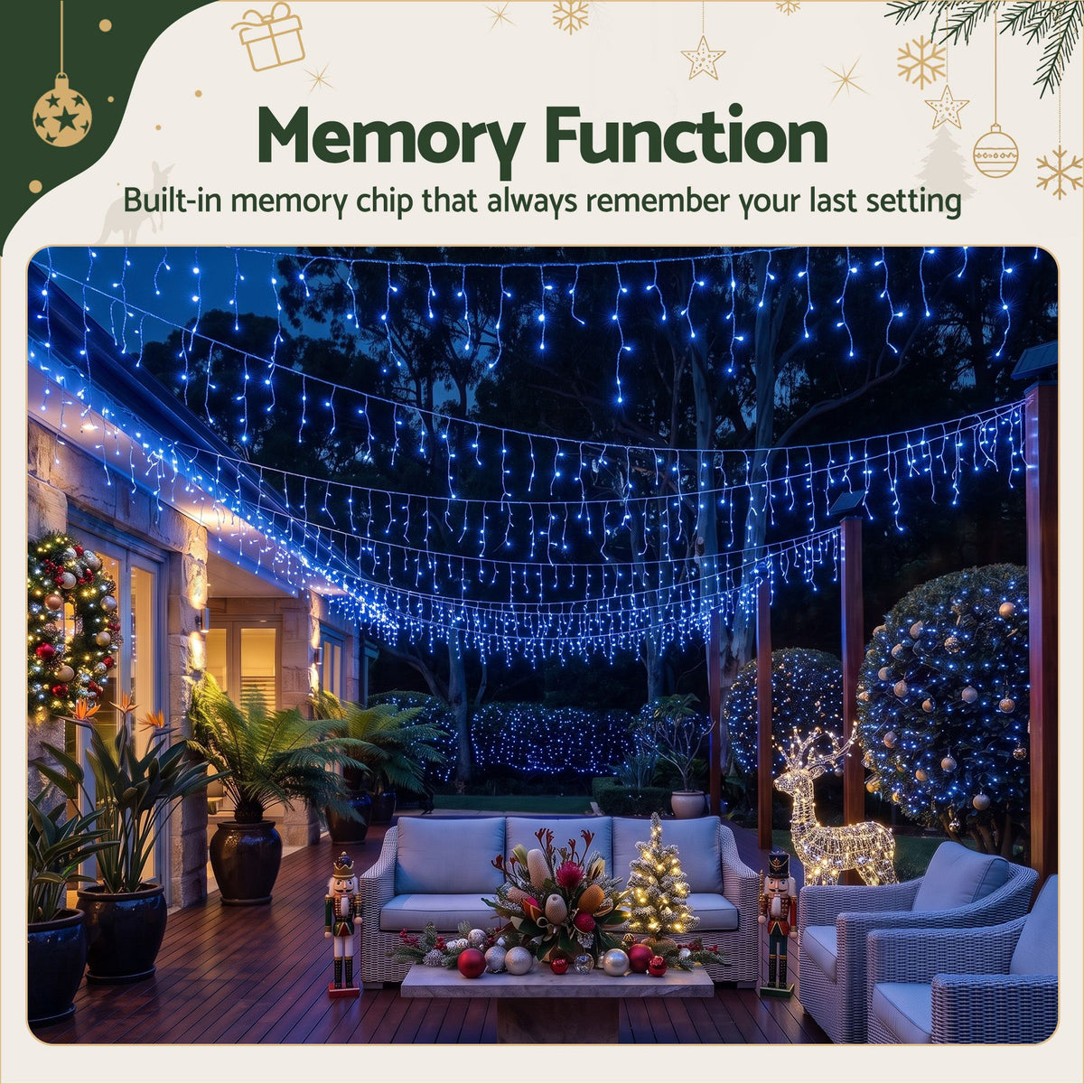 Blue LED icicle string lights overhead canopy with hanging drops for patio evenings