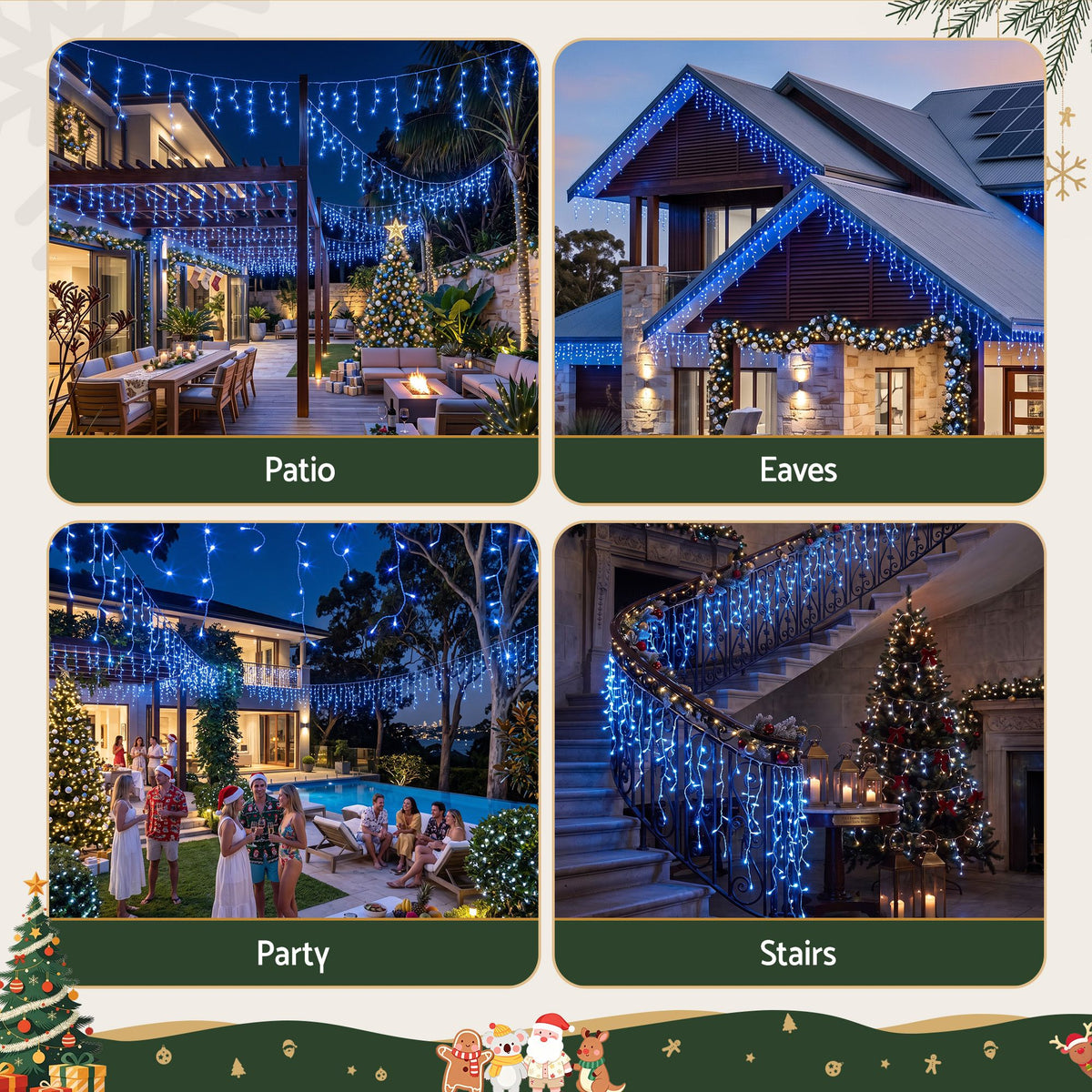 Blue LED icicle string lights for patio, eaves, party area, and stair coverage