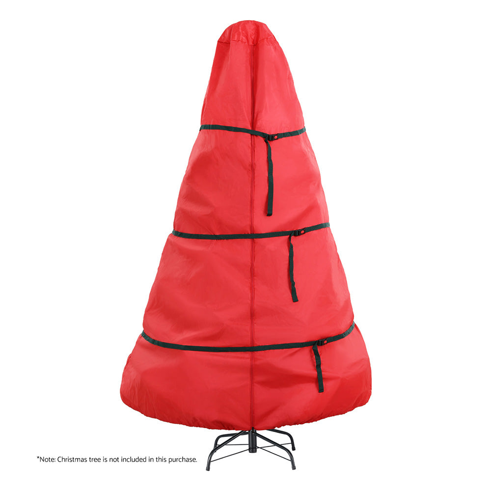 Red Christmas tree storage bag with green strap bands and protective cover