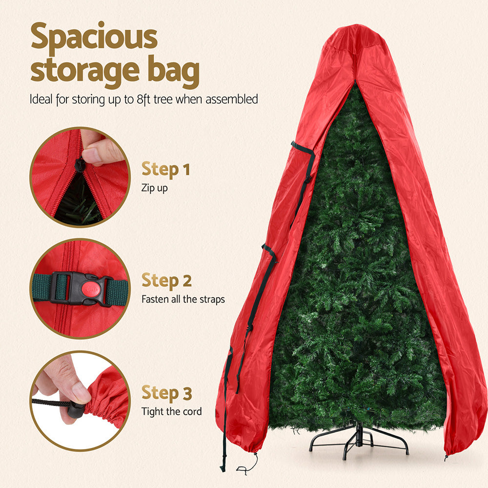 Red spacious storage bag with green strap ties and zippered opening