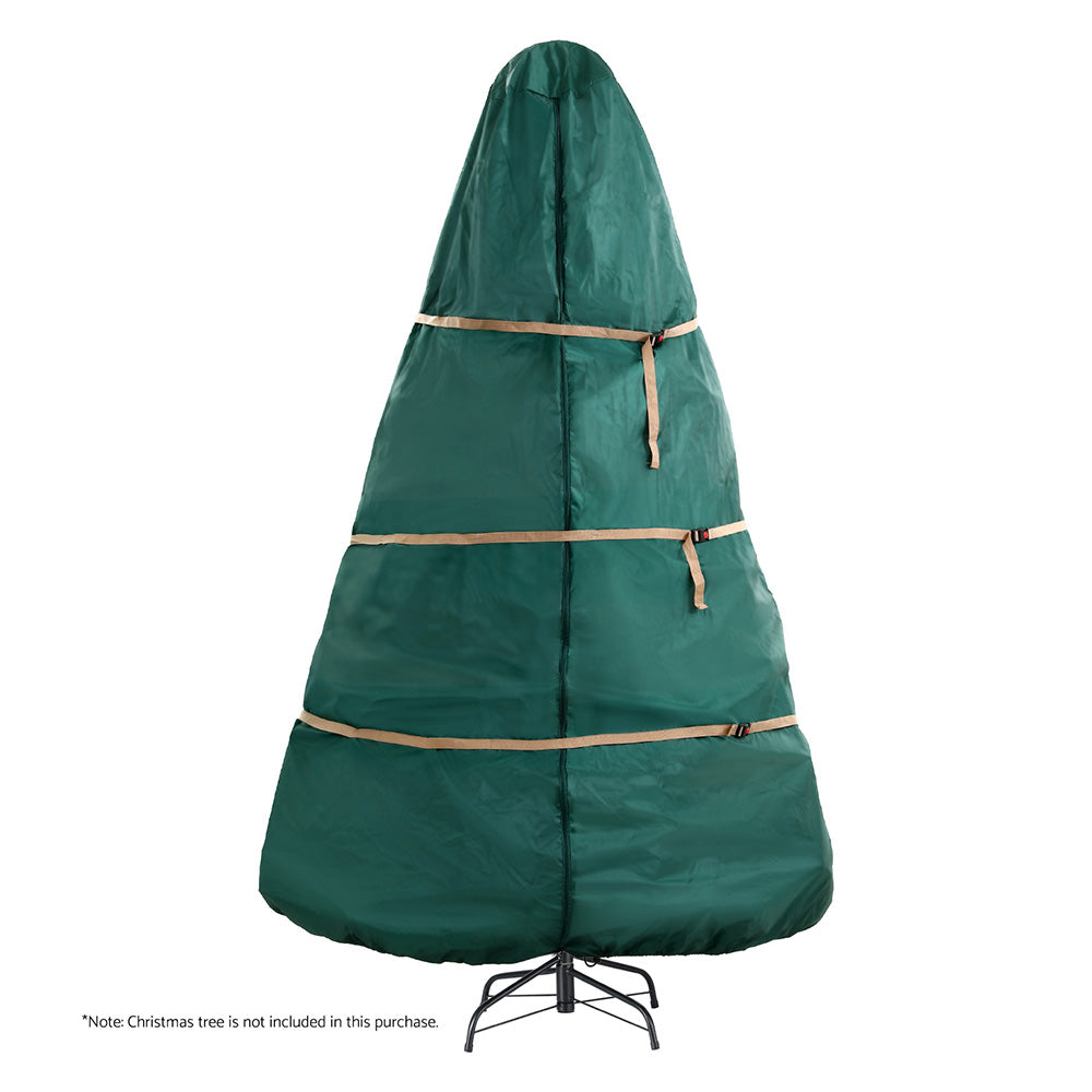 Green Christmas tree storage bag with tan straps and drawstring top cover