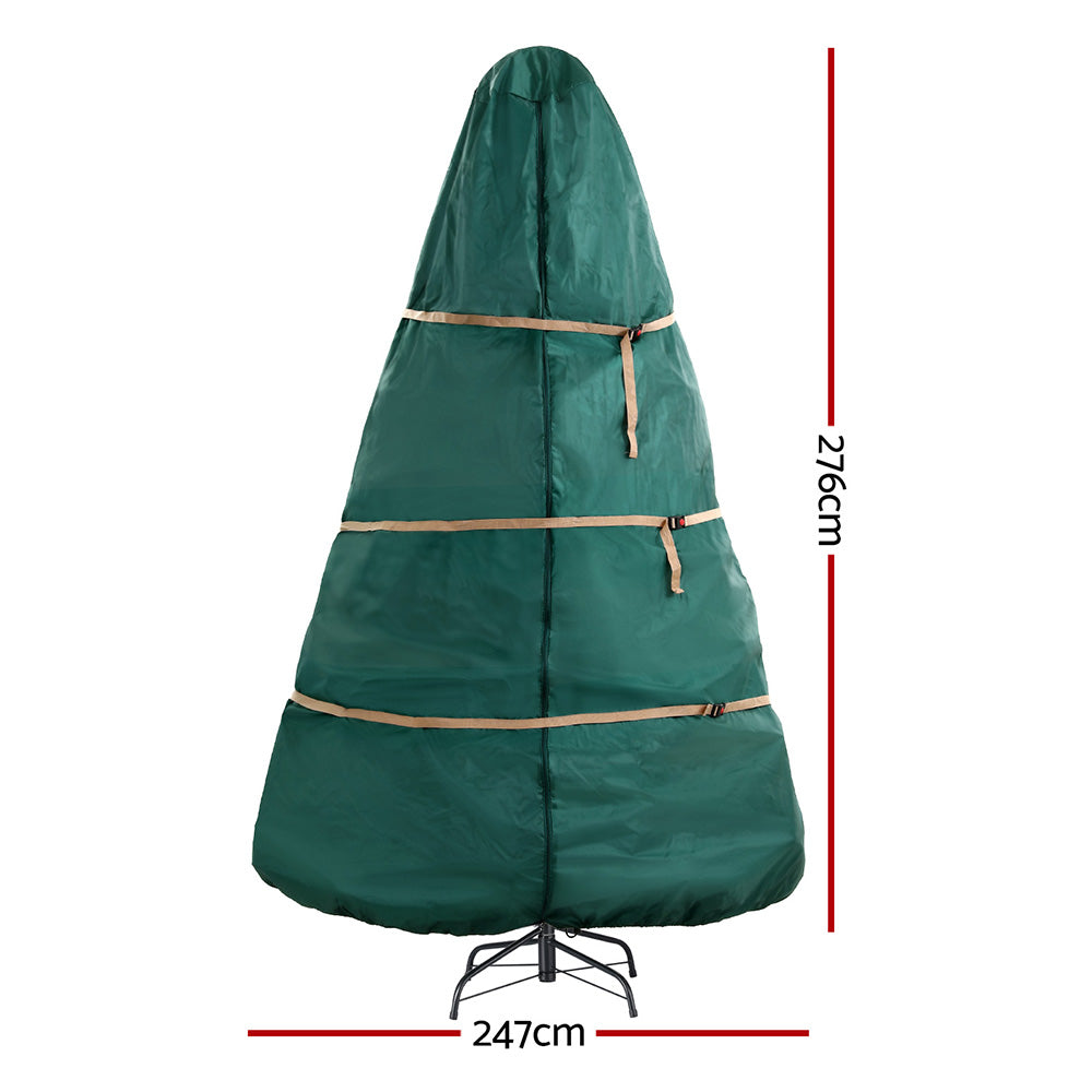Green Christmas tree storage bag with tan straps and bottom support frame, 247cm