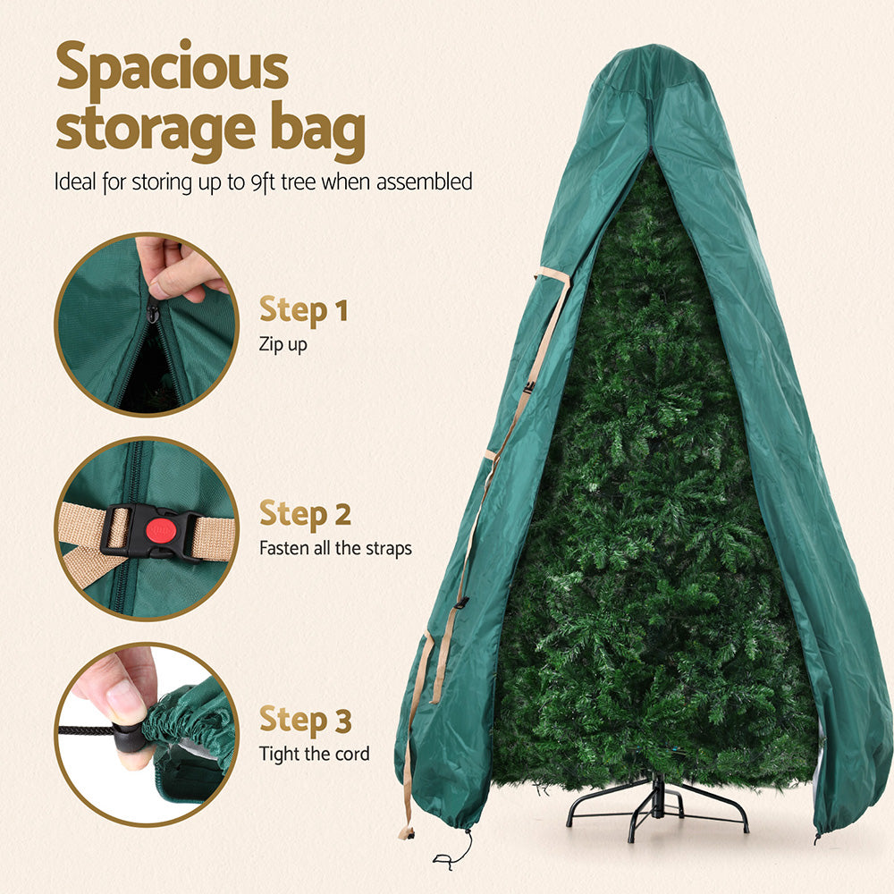 Green Christmas tree storage bag with side zipper opening and tie straps
