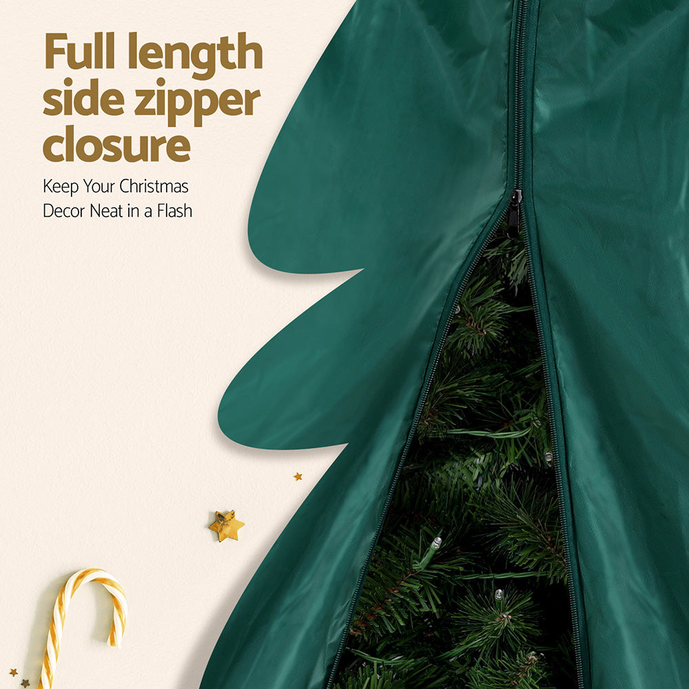 Green Christmas tree storage bag with full-length side zipper showing inside