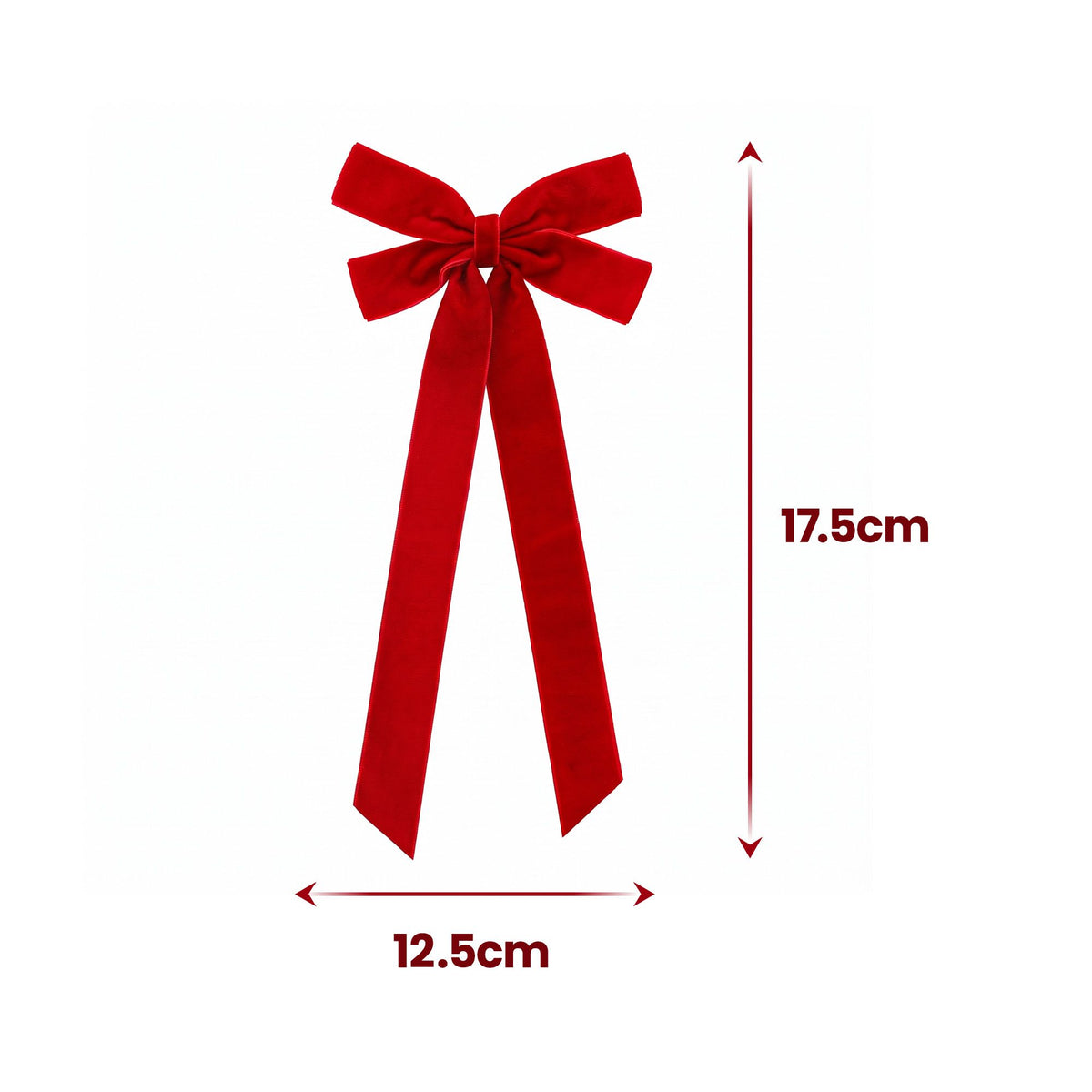 Red velvet Christmas tree bow with long tails, tied center; 12.5 cm wide