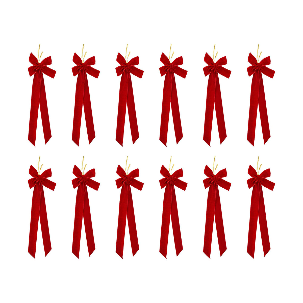 Set of red velvet Christmas tree bows with long tails and tied centers (12 pcs)