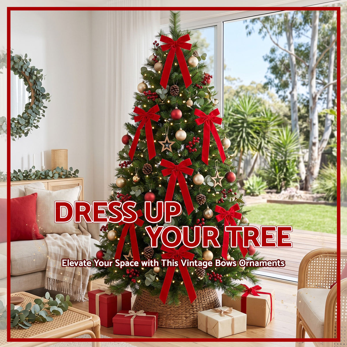 Red velvet Christmas tree bows with long tails on a decorated evergreen tree