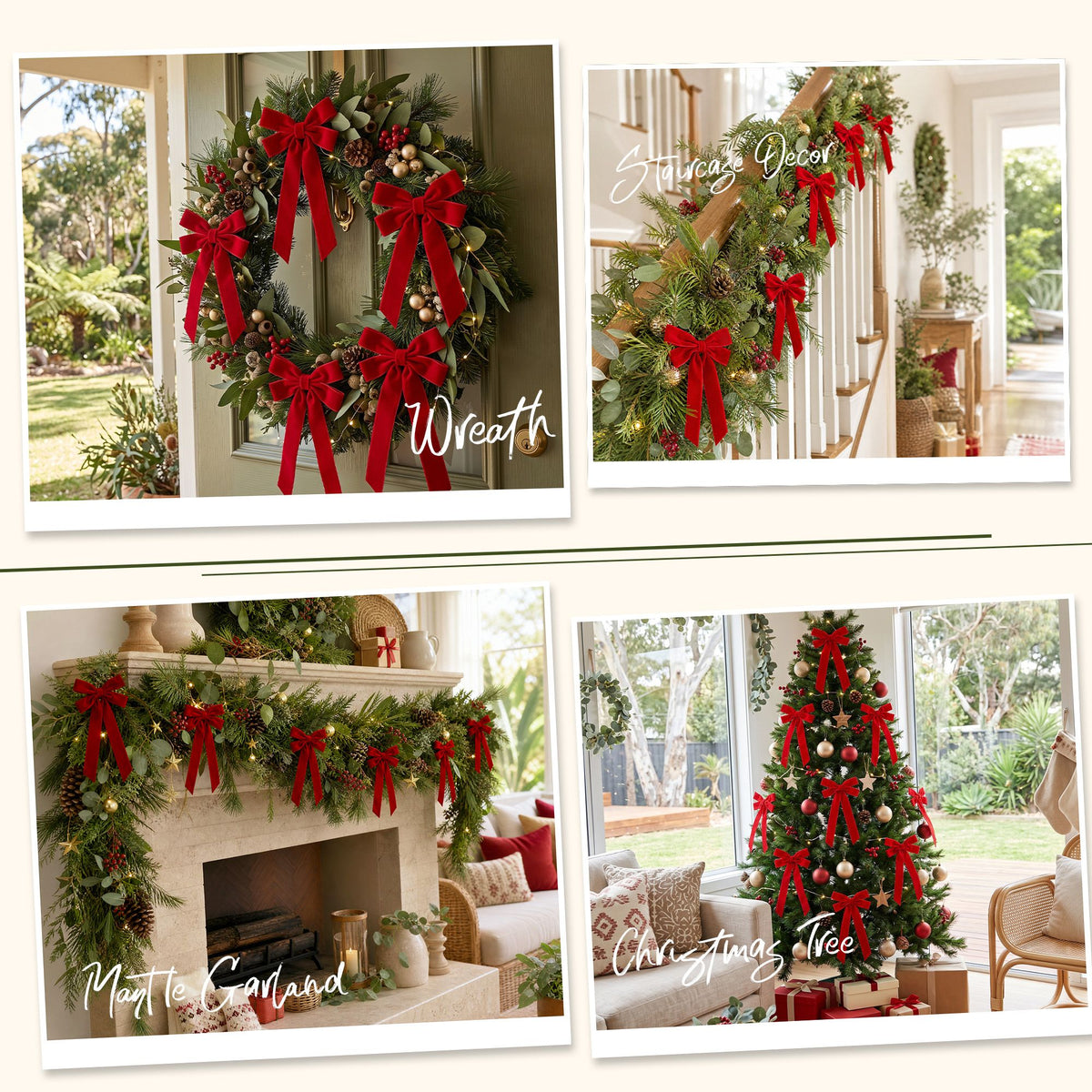 Red velvet bow decorations on Christmas greenery, featuring long tails and tied centers