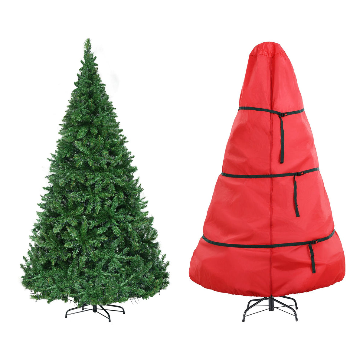 Green pre-lit Christmas tree and red storage bag with black straps