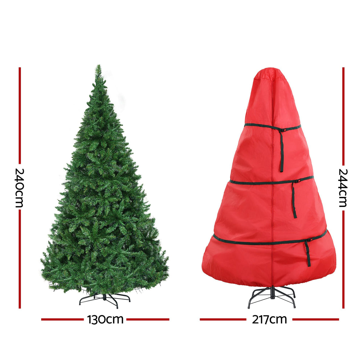 Green artificial Christmas tree and red storage bag on metal stand