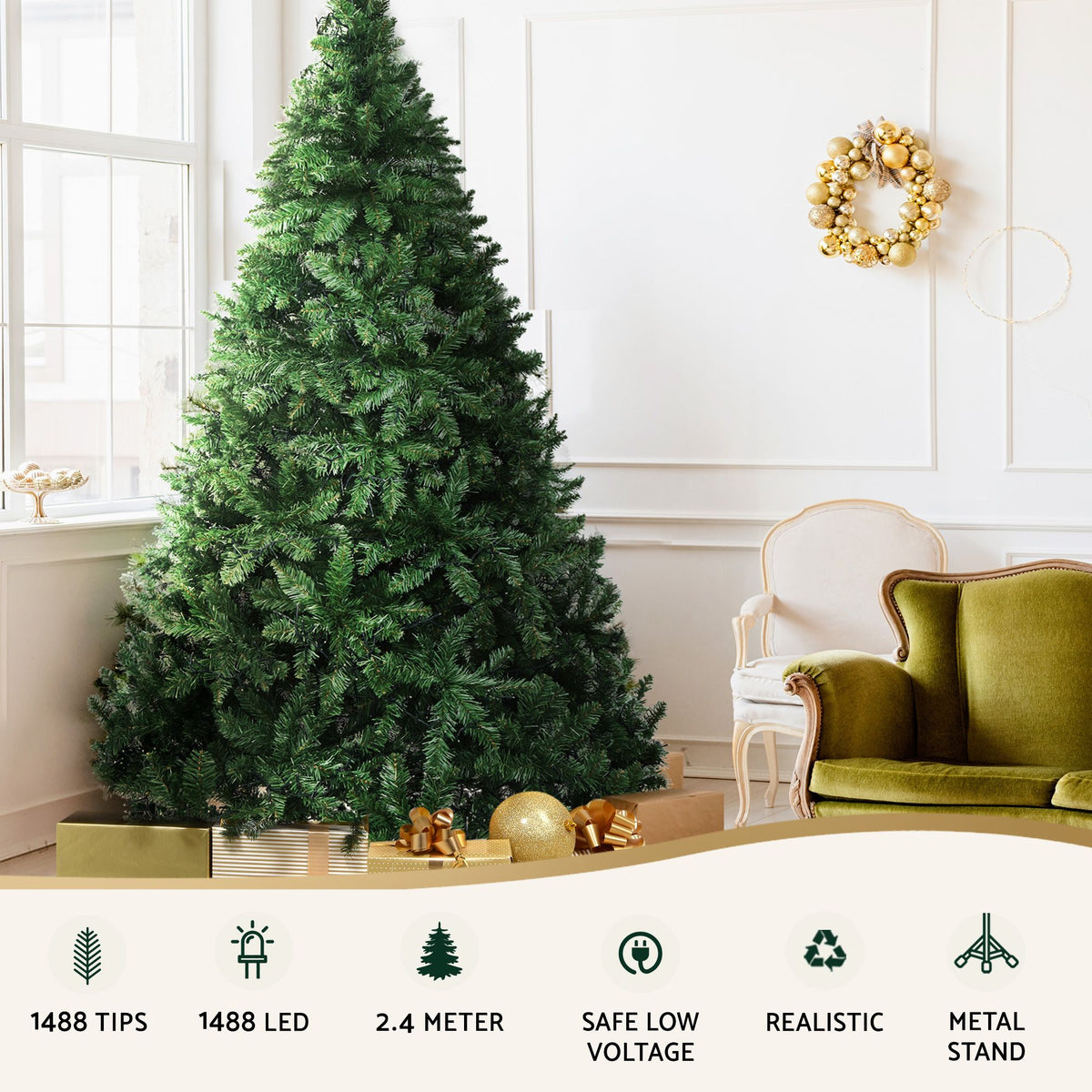 Green pre-lit Christmas tree with warm LED lights and metal stand