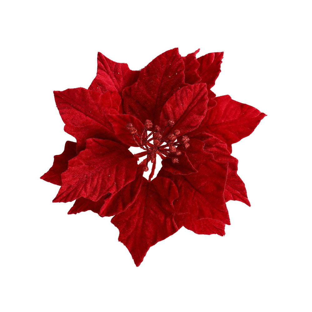 Red poinsettia flower decoration with textured petals and glittery center on stem