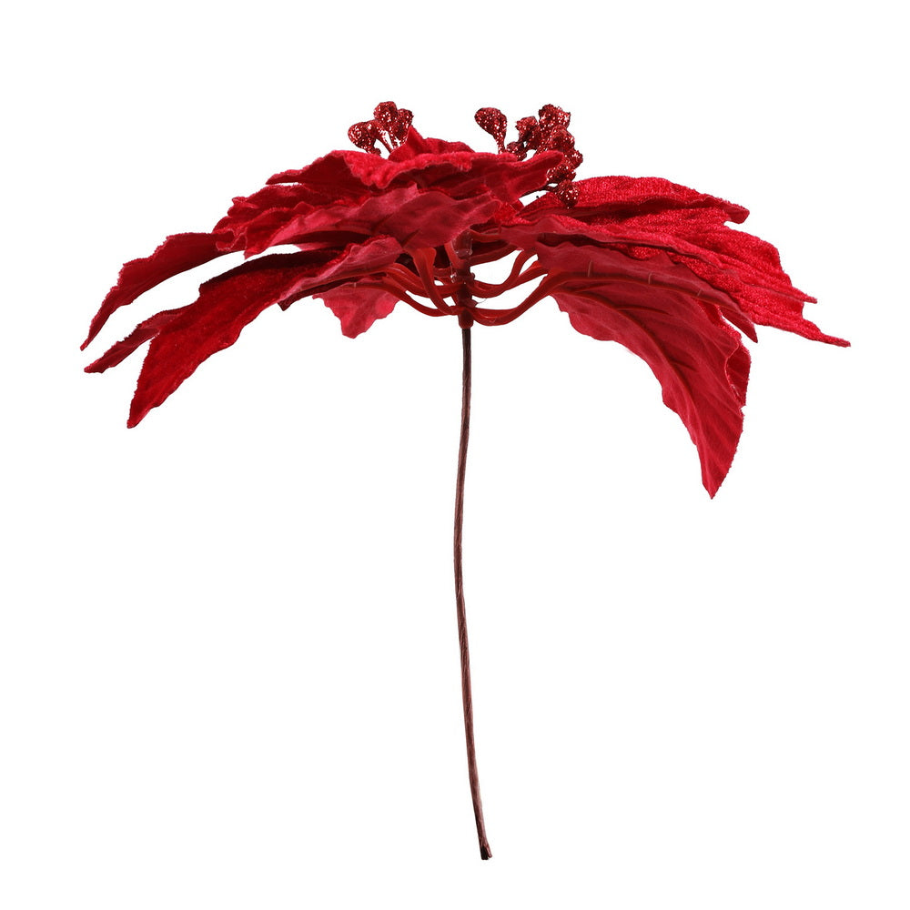 Red poinsettia flower pick with layered petals and sparkly central buds on wire stem