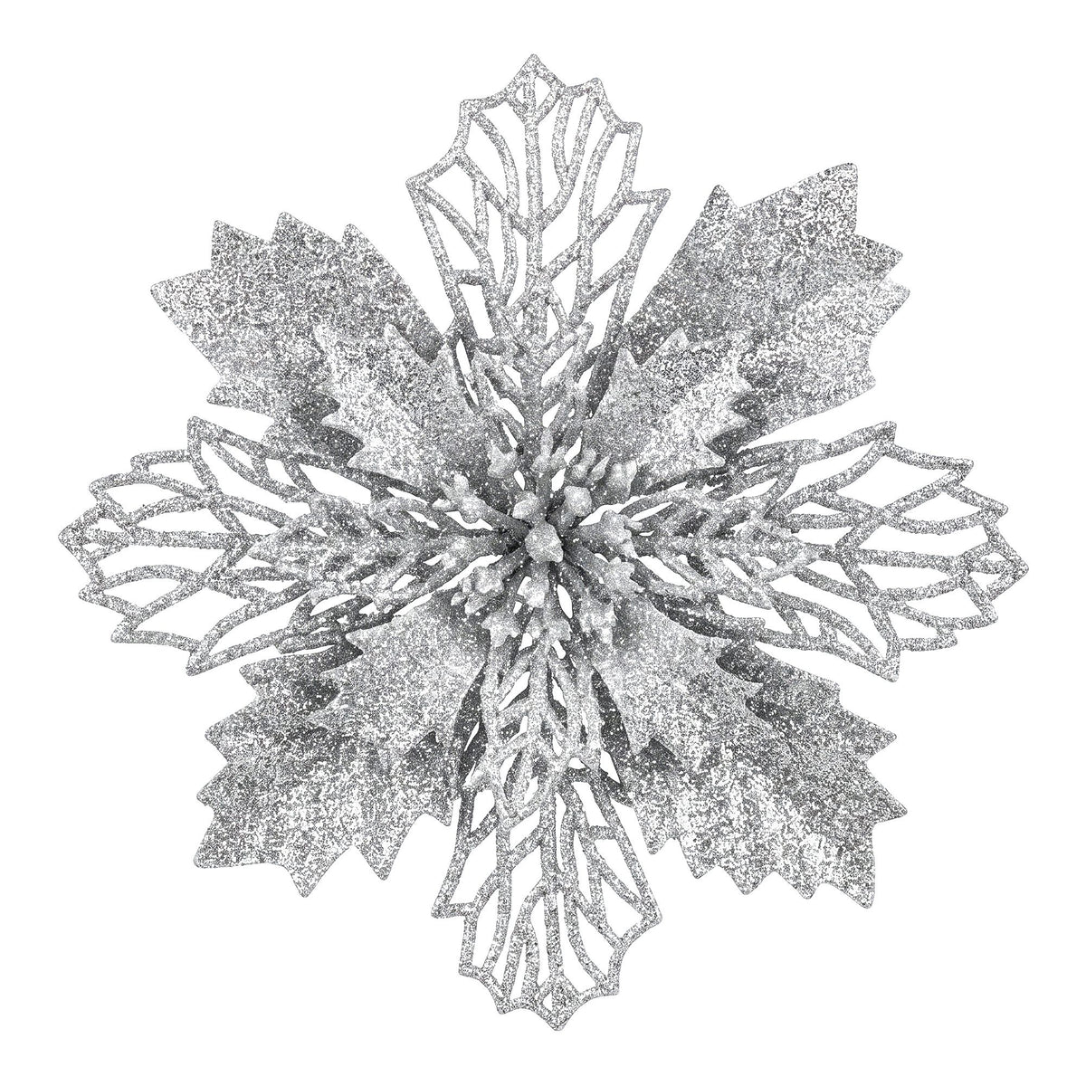 Silver glitter poinsettia-style flower decoration with 3D cutout petals