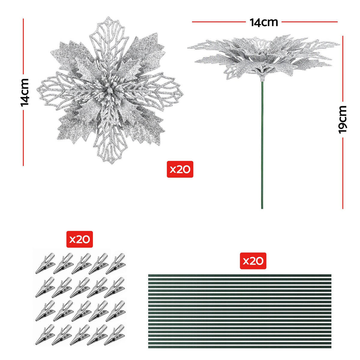 Silver glitter wired flower set, poinsettia-style blooms shown in 20-pack