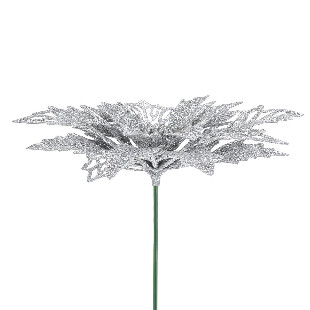 Silver glitter poinsettia-style flower with green wire stem, single bloom