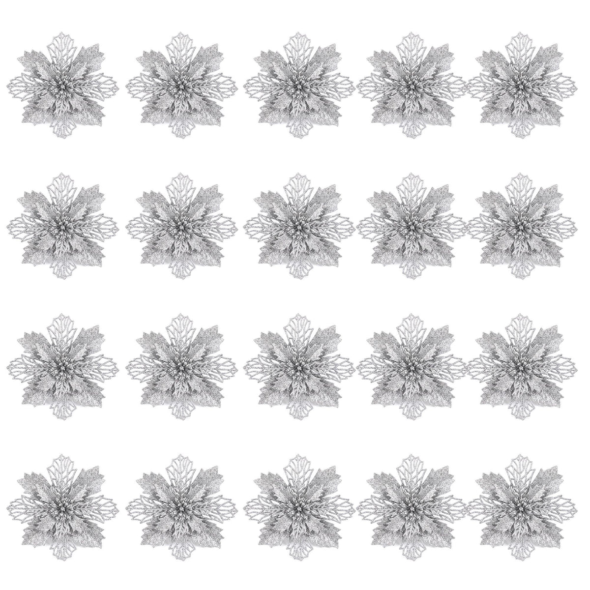 Silver glitter flower decorations arranged in rows, each with green wire stem