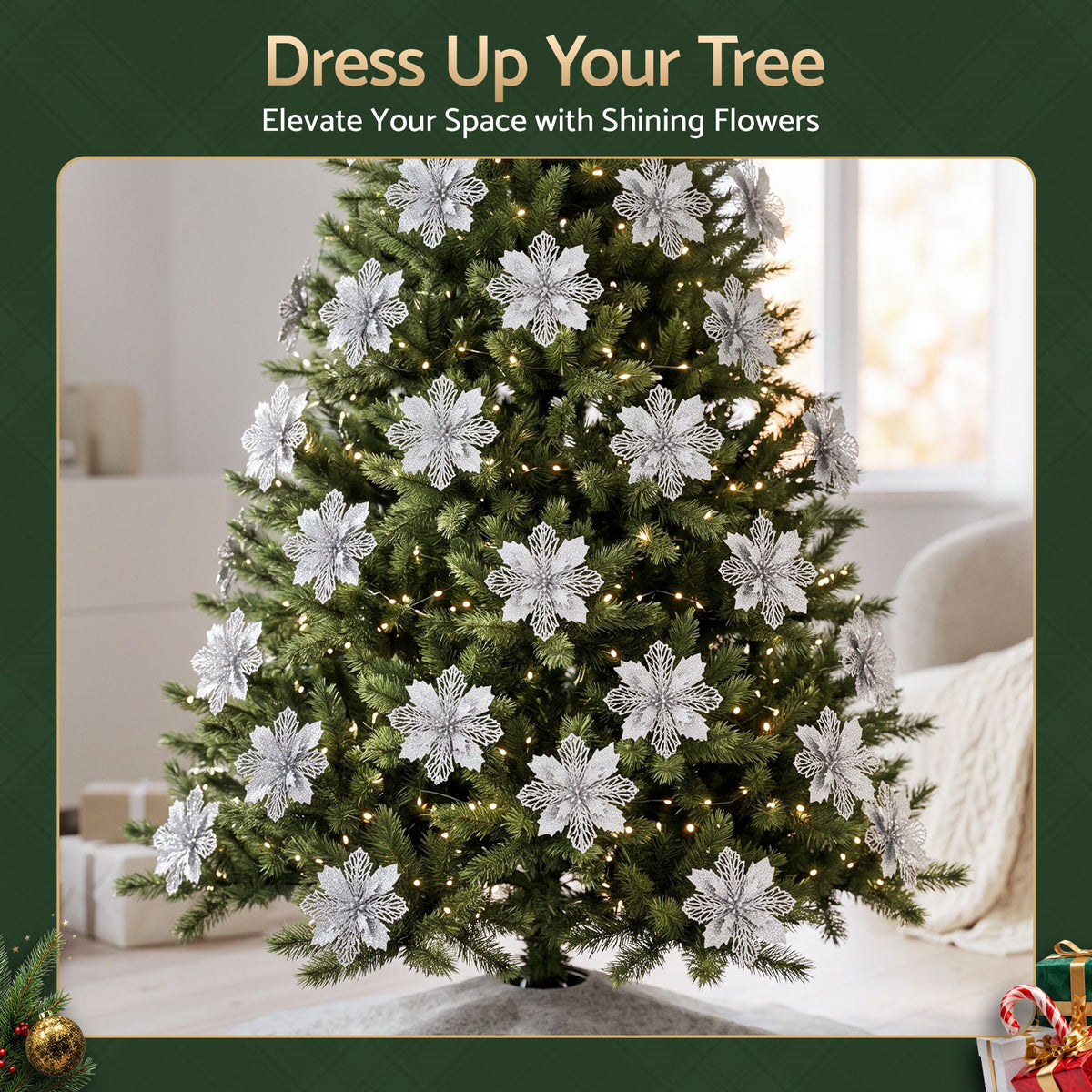 Silver glitter flower decorations attached across a decorated Christmas tree