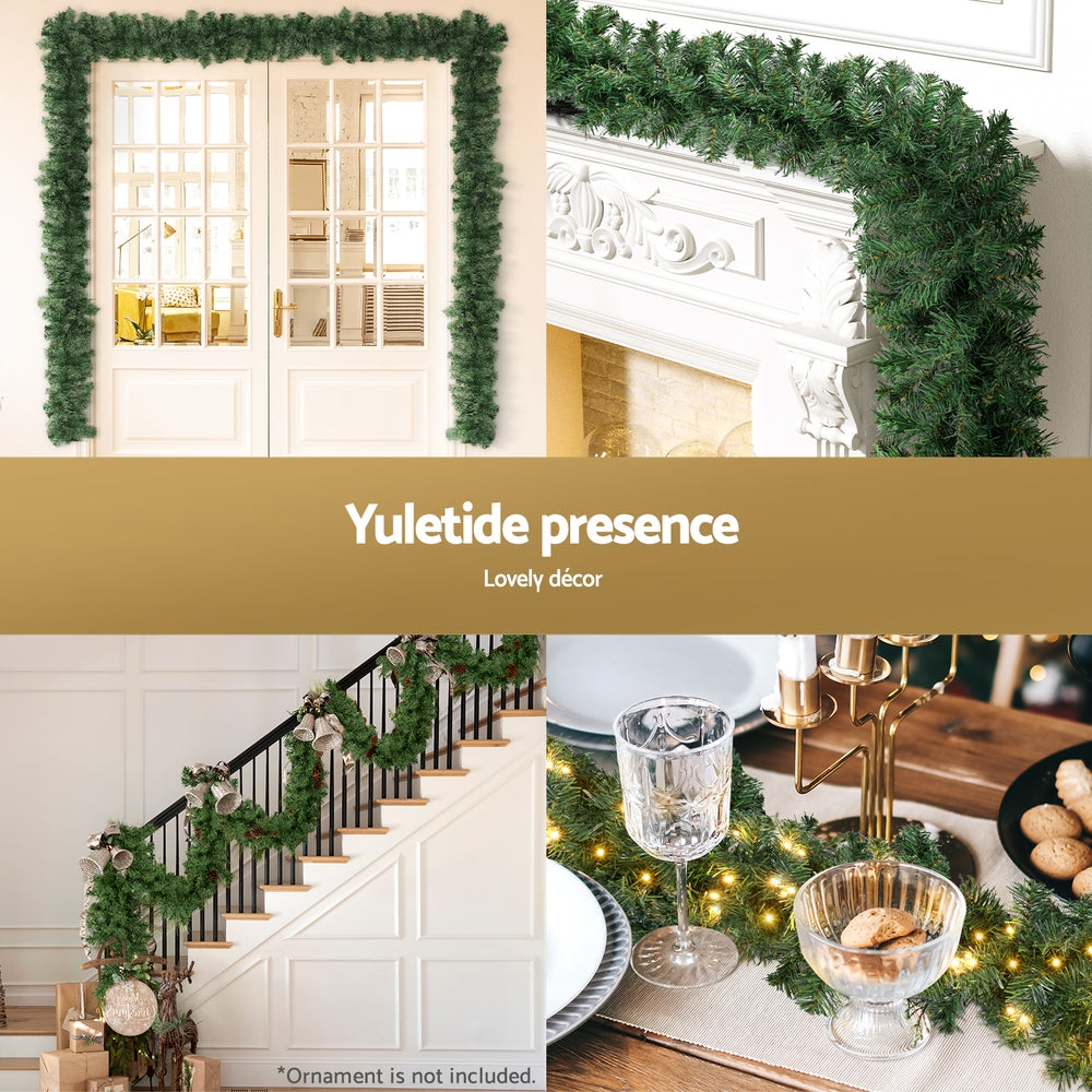 Pre-lit Christmas garland with warm LED lights framing doorway trim