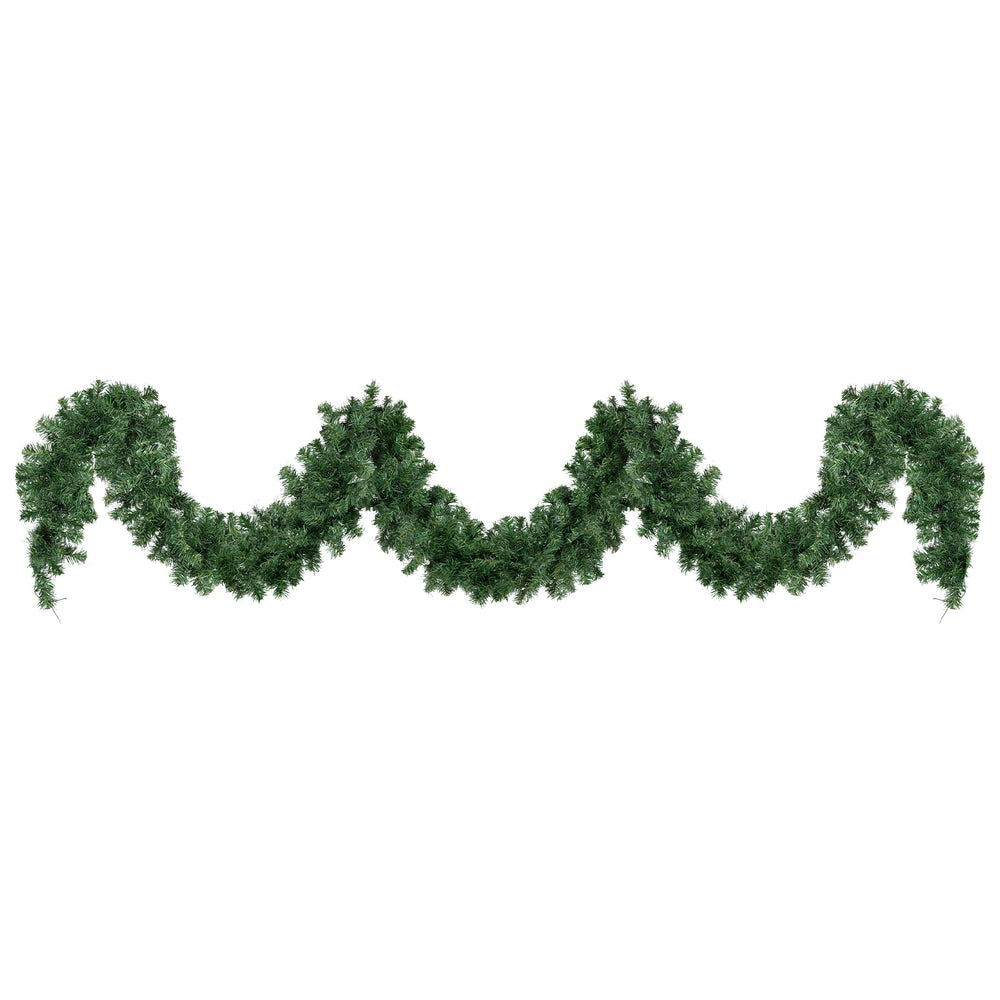 Green pre-lit Christmas garland strand with warm white LED lights along the edges