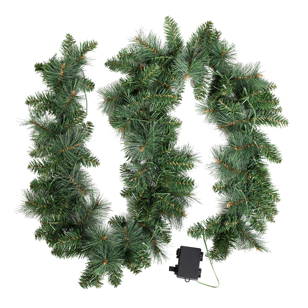 Green LED Christmas garland with warm lights and attached power box
