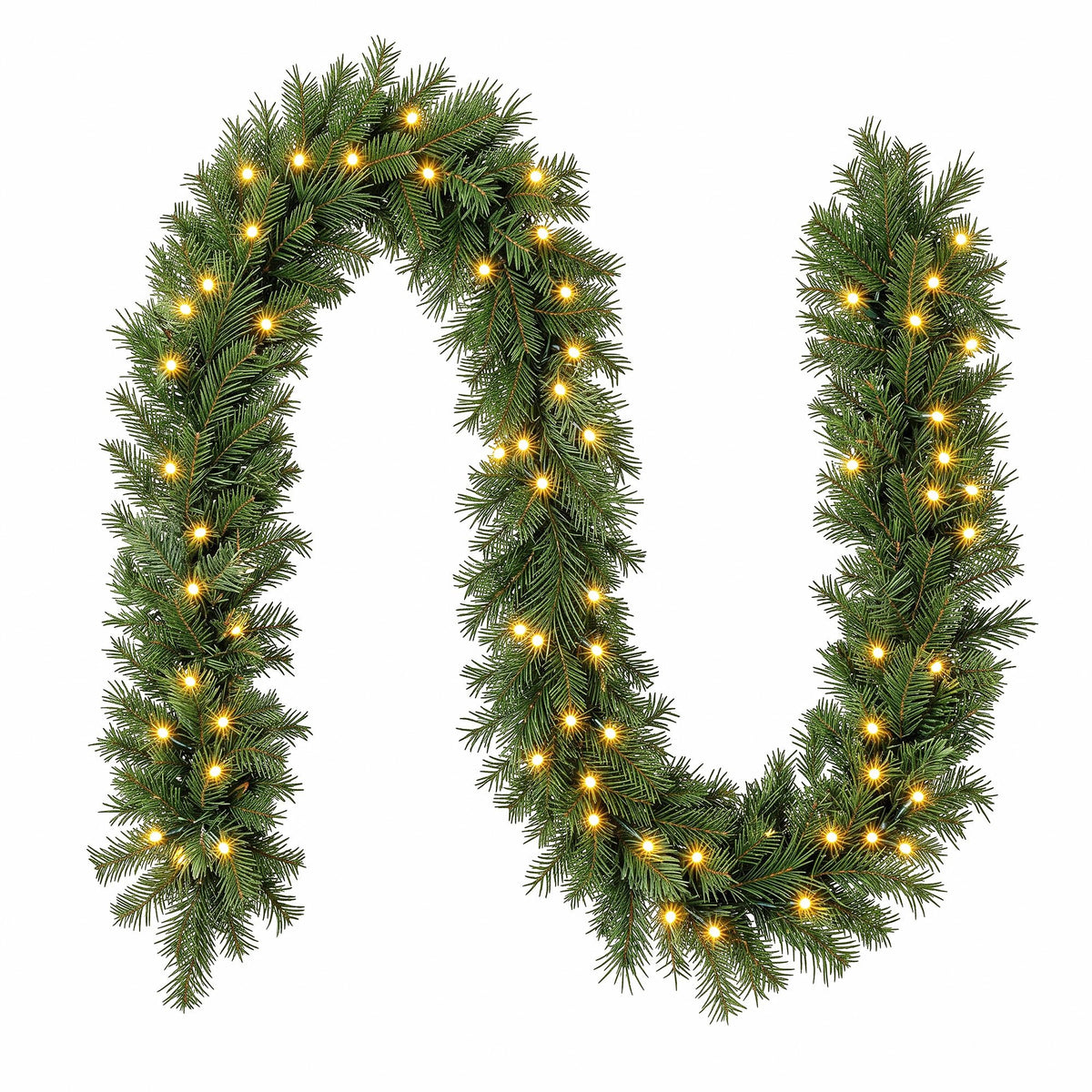 Warm white LED pre-lit Christmas garland with dense pine foliage wreath loop