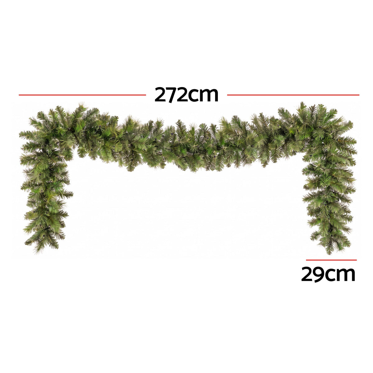 270cm pre-lit pine garland strand with warm white LEDs, measured length view