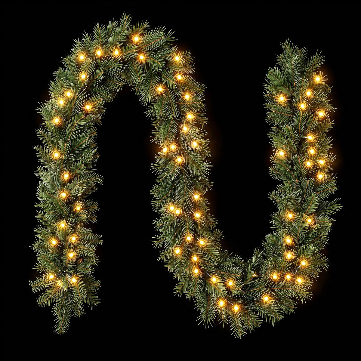 Warm white LED pre-lit pine garland in wreath loop shape on dark background