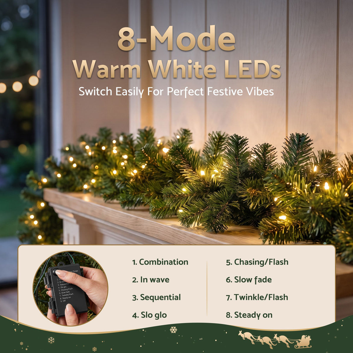 Pre-lit pine garland with warm white LEDs along a long branch strand
