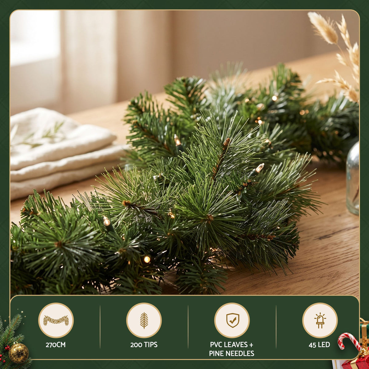 Dense green pine garland with warm white LEDs on a tabletop-style display