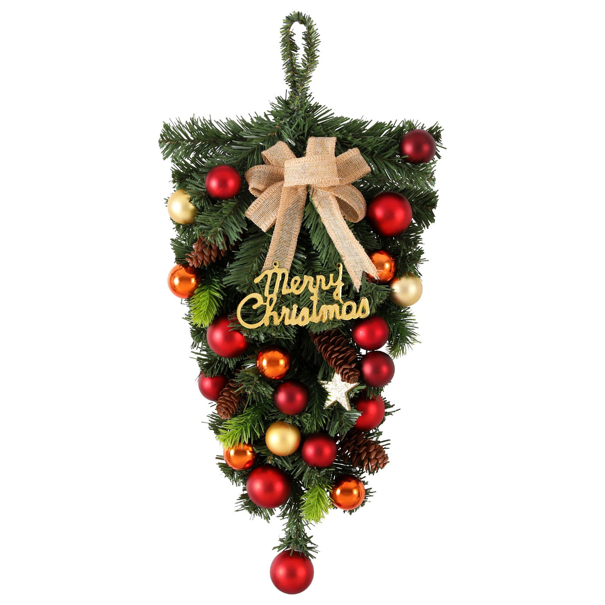Hanging Christmas garland wreath with pinecones, red and gold baubles, and beige bow
