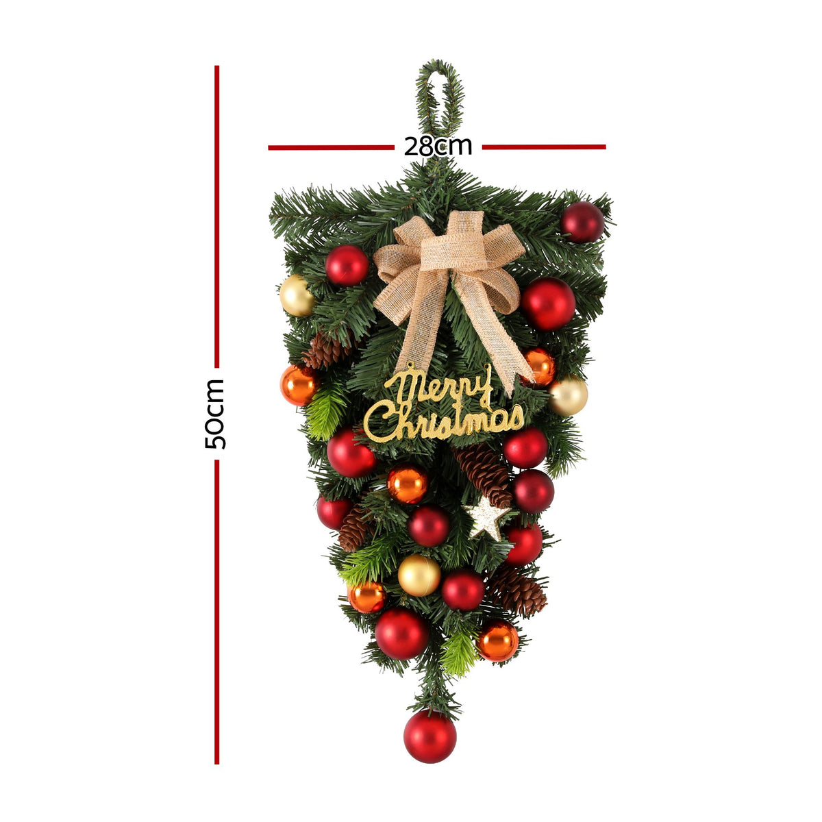 Hanging Christmas garland wreath with pinecones, red and gold baubles, beige bow, star