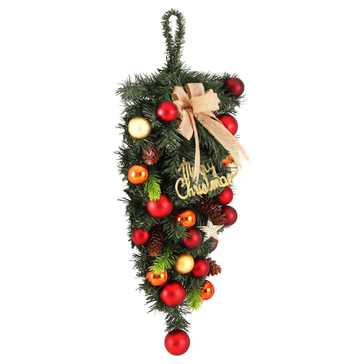 Hanging Christmas garland wreath with pinecones, red, gold, and orange baubles, beige bow