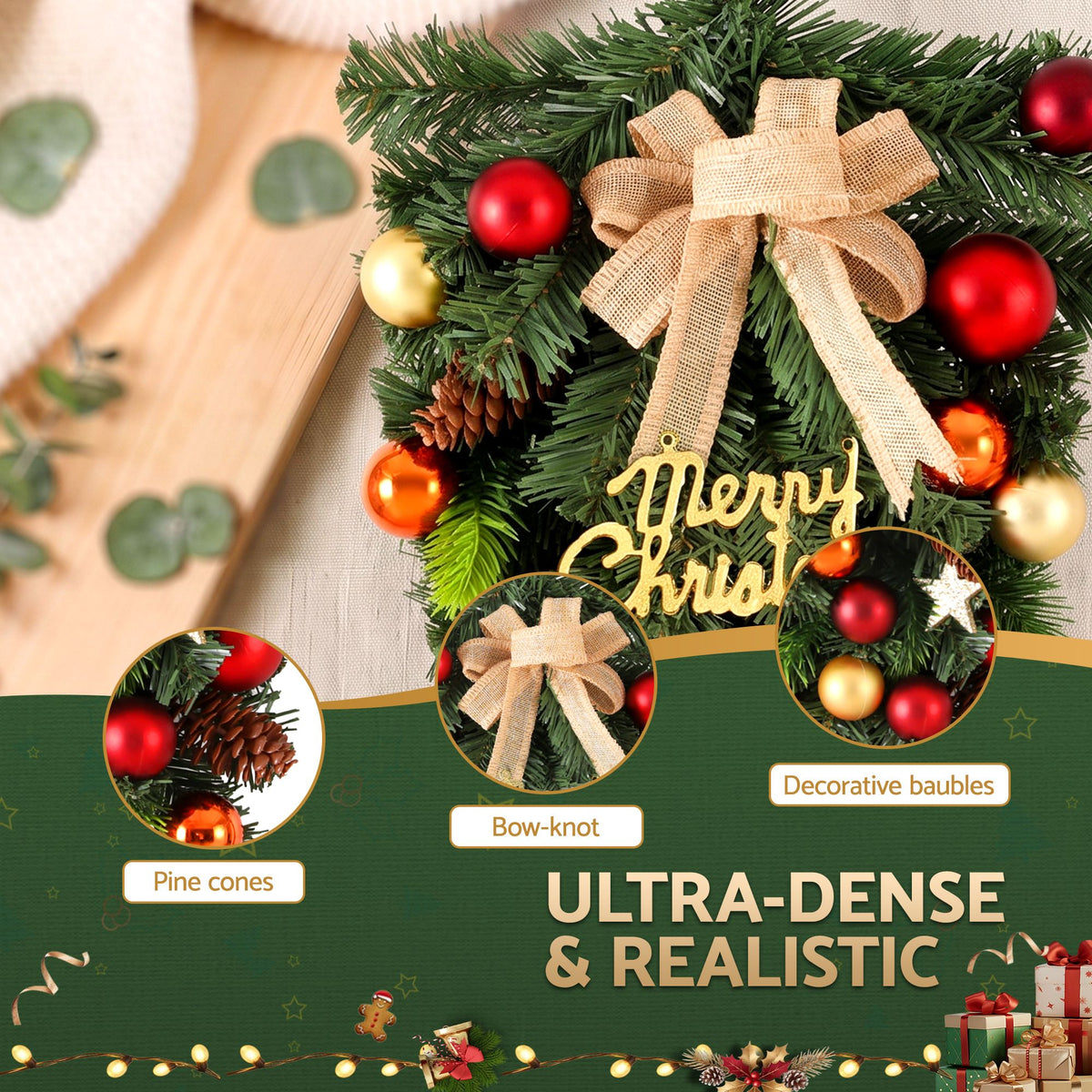 Hanging Christmas garland wreath with pinecones, red and gold baubles, and beige bow