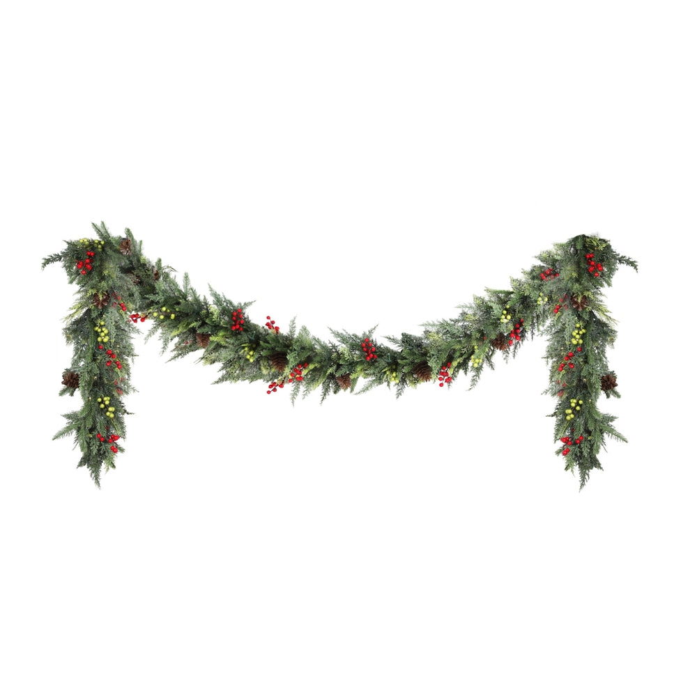 Green Christmas garland with pine cones and red berries, pre-lit with LEDs