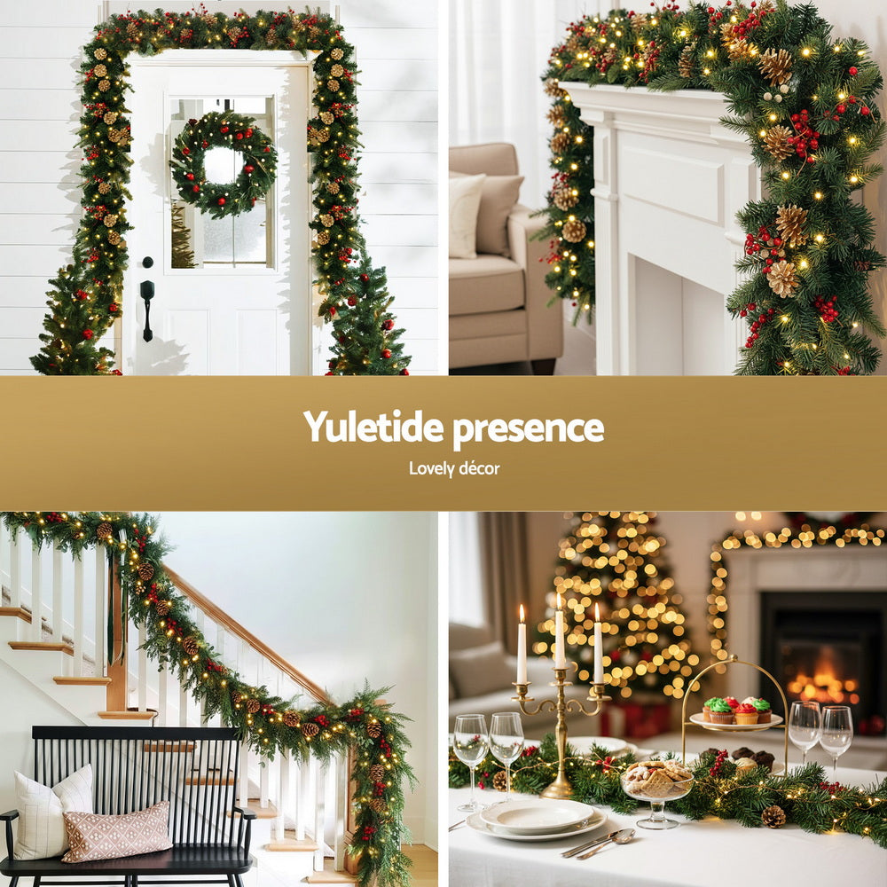 Decorative Christmas garland set with pine greenery, gold pine cones, and red berries
