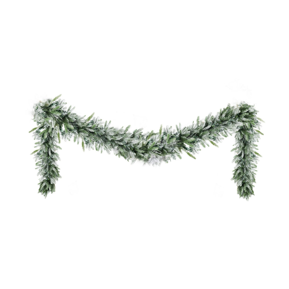 Pre-lit frosted Christmas garland with dark green pine tips and warm LED lights